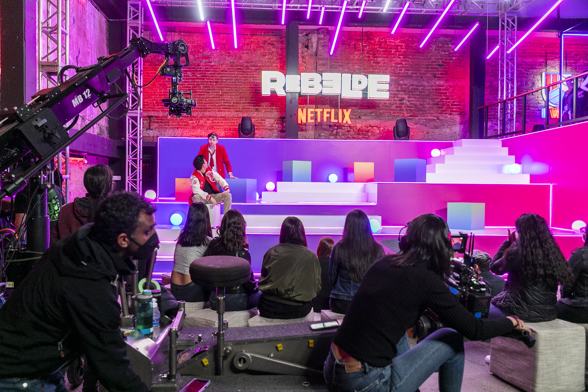 Soundstage set build for the Netflix production Rebelde in Mexico City, crew and crane camera on set